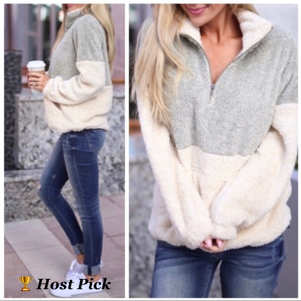 Fuzzy Half-Zip Gray/Cream Fleece Pullover Top